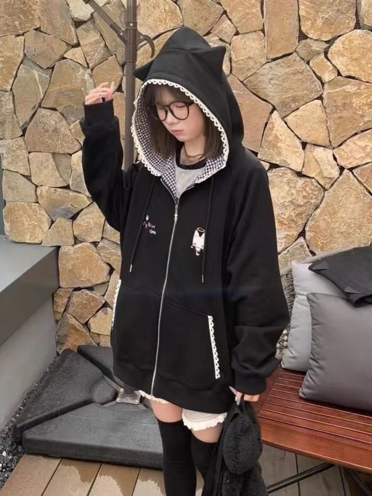 Japanese Cartoon Embroidery Hoodies Women Harajuku Vintage Zipper Plaid Patchwork Sweatshirt Preppy Pocket Y2k Aesthetic Hoody