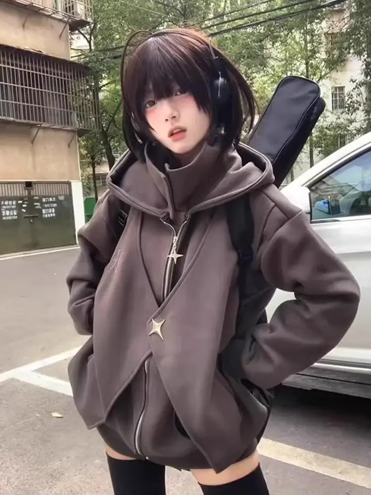 Fake Two Pieces Vintage Loose Zipper Sweatshirts Women Casual Streetwear Grunge Coats Y2k Aesthetic Oversized Stand Neck Hoodies