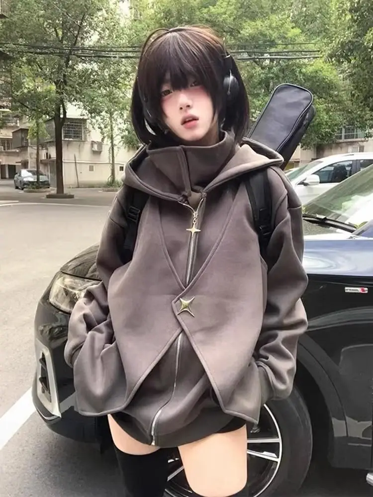 Fake Two Pieces Vintage Loose Zipper Sweatshirts Women Casual Streetwear Grunge Coats Y2k Aesthetic Oversized Stand Neck Hoodies