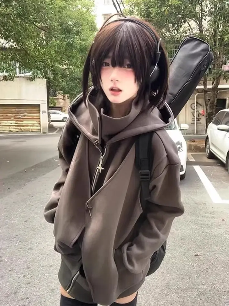 Fake Two Pieces Vintage Loose Zipper Sweatshirts Women Casual Streetwear Grunge Coats Y2k Aesthetic Oversized Stand Neck Hoodies