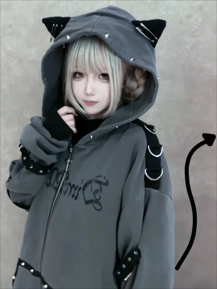 Gothic Sweatshirt Women Y2k Aesthetic Punk Rivet Hoodies Grunge Kawaii Cat Ear Hoody Jacket Oversized Streetwear Harajuku Tops