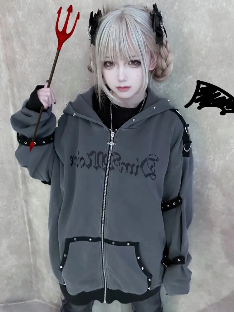 Gothic Sweatshirt Women Y2k Aesthetic Punk Rivet Hoodies Grunge Kawaii Cat Ear Hoody Jacket Oversized Streetwear Harajuku Tops