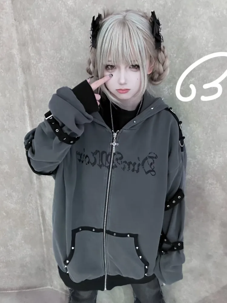 Gothic Sweatshirt Women Y2k Aesthetic Punk Rivet Hoodies Grunge Kawaii Cat Ear Hoody Jacket Oversized Streetwear Harajuku Tops