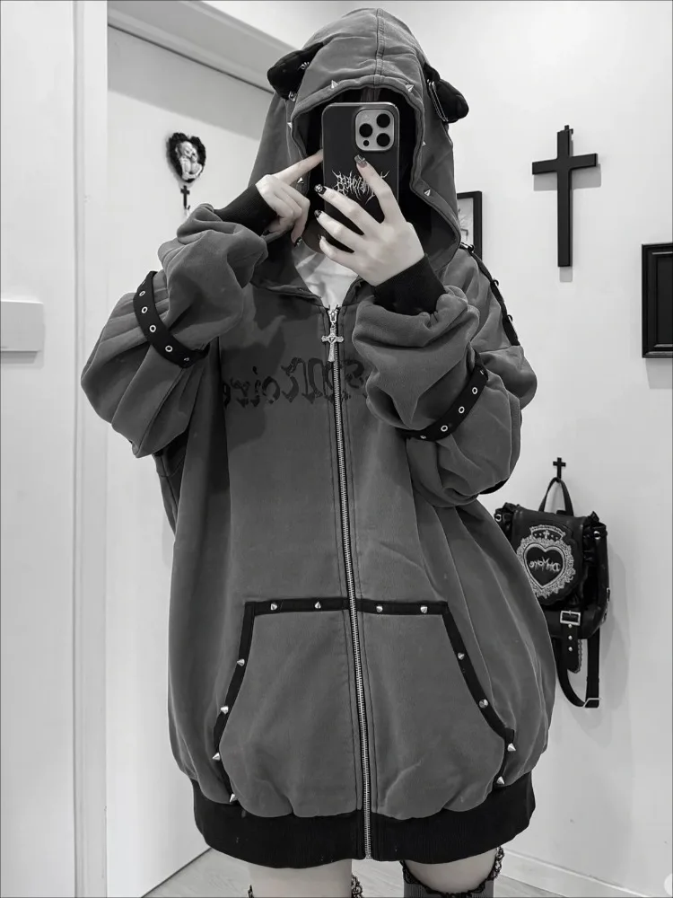 Gothic Sweatshirt Women Y2k Aesthetic Punk Rivet Hoodies Grunge Kawaii Cat Ear Hoody Jacket Oversized Streetwear Harajuku Tops