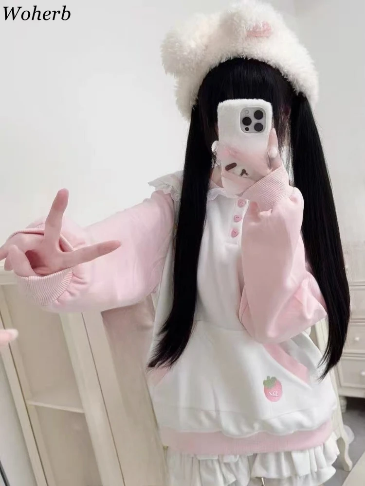 Japanese Rabbit's Ears Sailor Collar Women Hoddies Preppy Style Cartoon Embroidery Hoody Y2k Aesthetic Grunge Pocket Sweatshirt