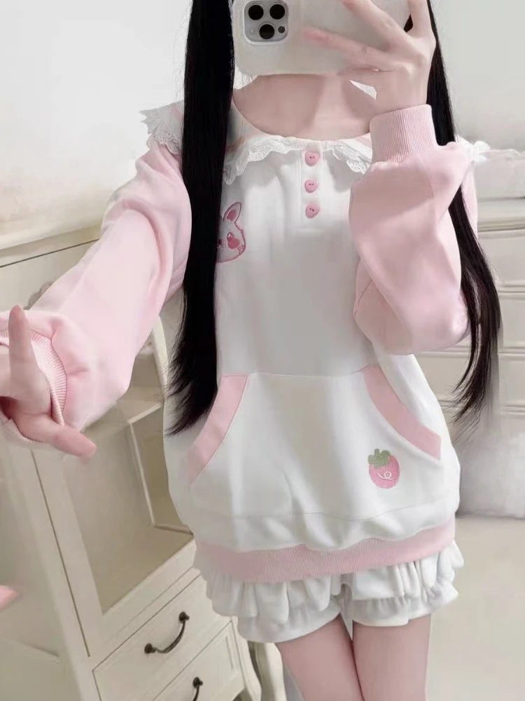 Japanese Rabbit's Ears Sailor Collar Women Hoddies Preppy Style Cartoon Embroidery Hoody Y2k Aesthetic Grunge Pocket Sweatshirt