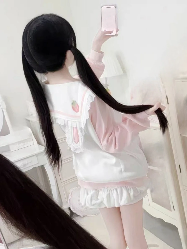 Japanese Rabbit's Ears Sailor Collar Women Hoddies Preppy Style Cartoon Embroidery Hoody Y2k Aesthetic Grunge Pocket Sweatshirt