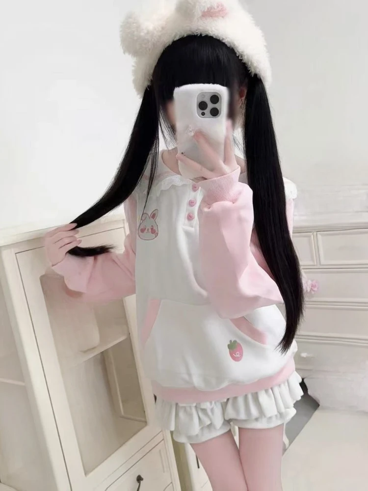 Japanese Rabbit's Ears Sailor Collar Women Hoddies Preppy Style Cartoon Embroidery Hoody Y2k Aesthetic Grunge Pocket Sweatshirt