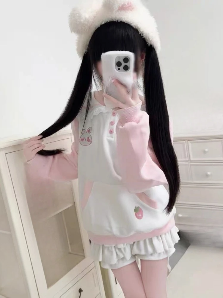 Japanese Rabbit's Ears Sailor Collar Women Hoddies Preppy Style Cartoon Embroidery Hoody Y2k Aesthetic Grunge Pocket Sweatshirt