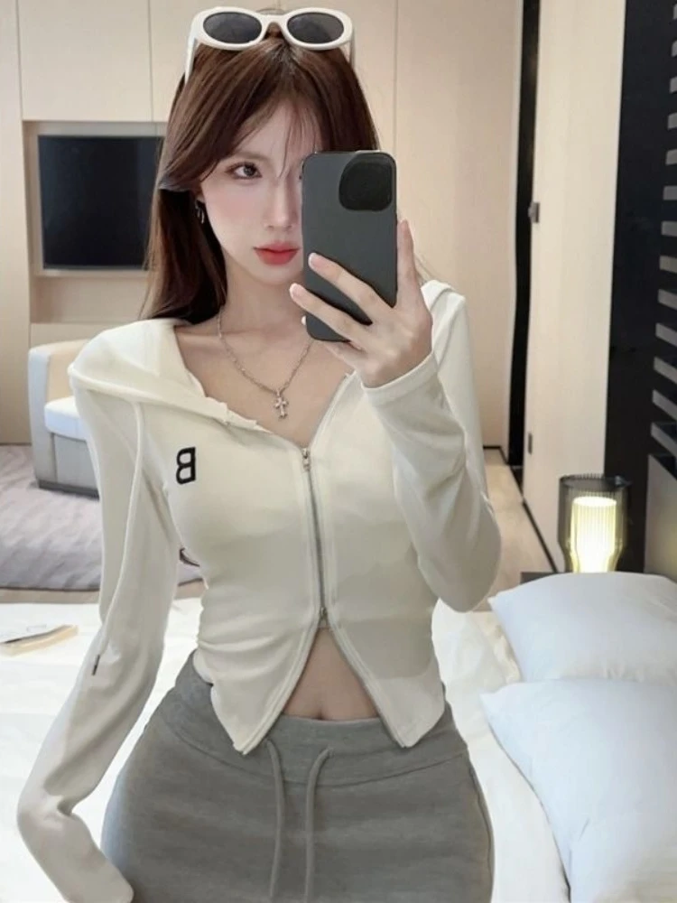 Y2k American Vintage Zip Up Hoodies 2000s Long Sleeve Subculture Hooded Sweatshirt Hot Girl Letter Short Slim Autumn Coat Chic
