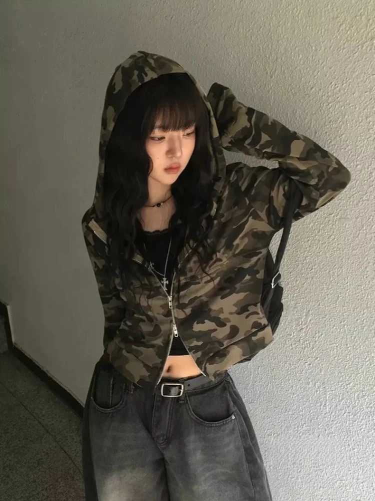 Y2k American Vintage Zip Up Hoodies 2000s Long Sleeve Subculture Hooded Sweatshirt Hot Girl Letter Short Slim Autumn Coat Chic