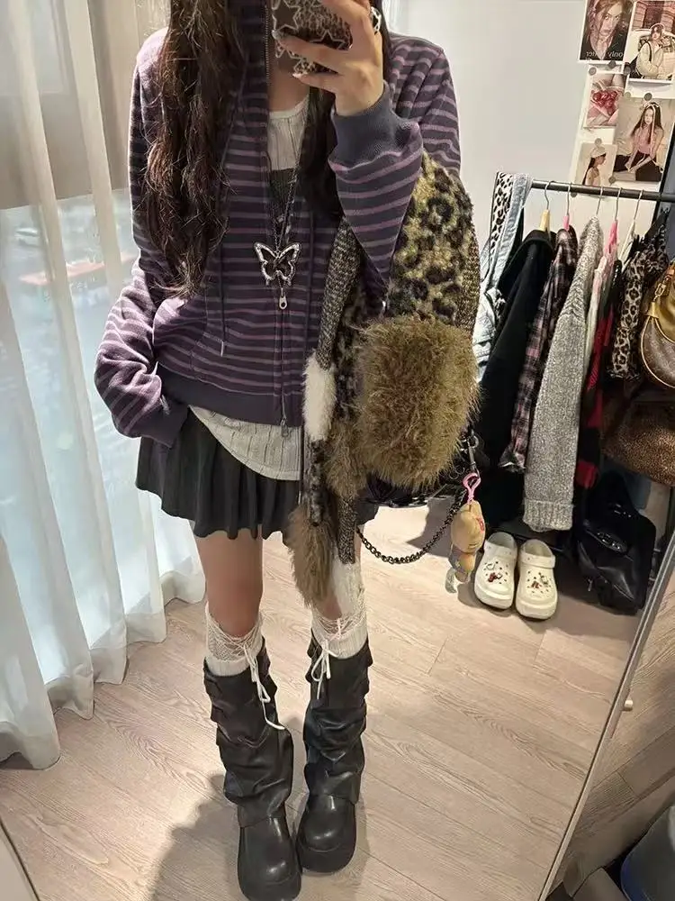 Y2k Japanese Sweatshirts Women Long Sleeve Striped Stand Collar Sweatshirt High Street Graphic Winter Coats E-girls