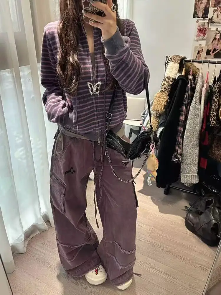 Y2k Japanese Sweatshirts Women Long Sleeve Striped Stand Collar Sweatshirt High Street Graphic Winter Coats E-girls