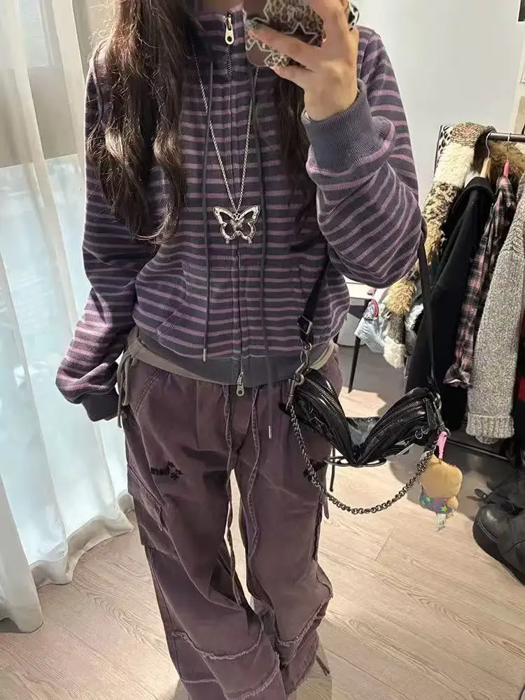 Y2k Japanese Sweatshirts Women Long Sleeve Striped Stand Collar Sweatshirt High Street Graphic Winter Coats E-girls