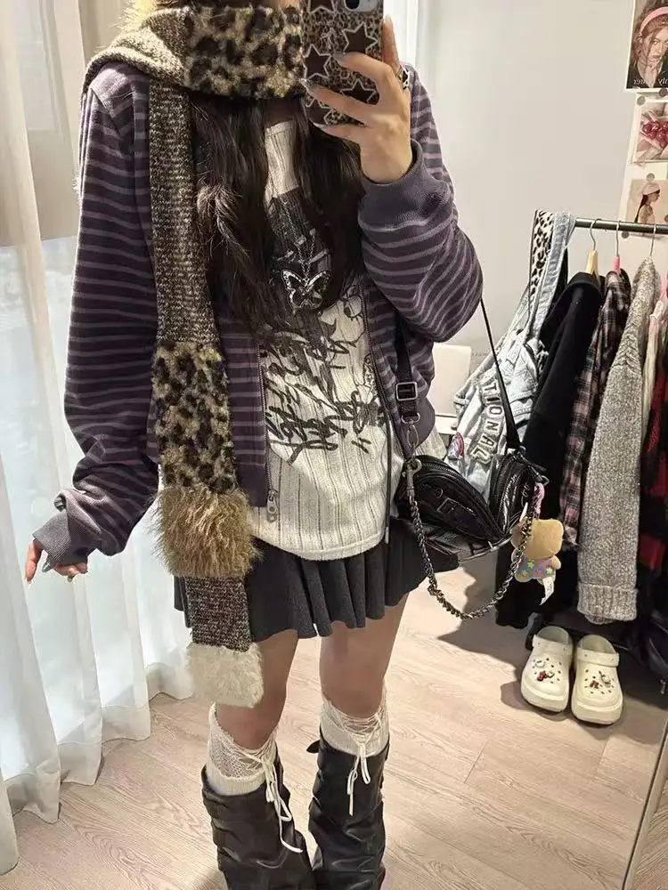 Y2k Japanese Sweatshirts Women Long Sleeve Striped Stand Collar Sweatshirt High Street Graphic Winter Coats E-girls
