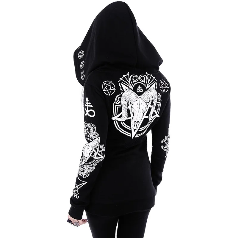 Irregular Black Punk Hoodie with Sheep Head and Moon Print Hoodie