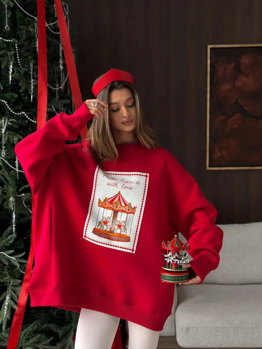 Christmas Sweet Women Oversized Red Crewneck Sweatshirt "From Russia with Love" Carousel Print Retro Festive Holiday Pullover