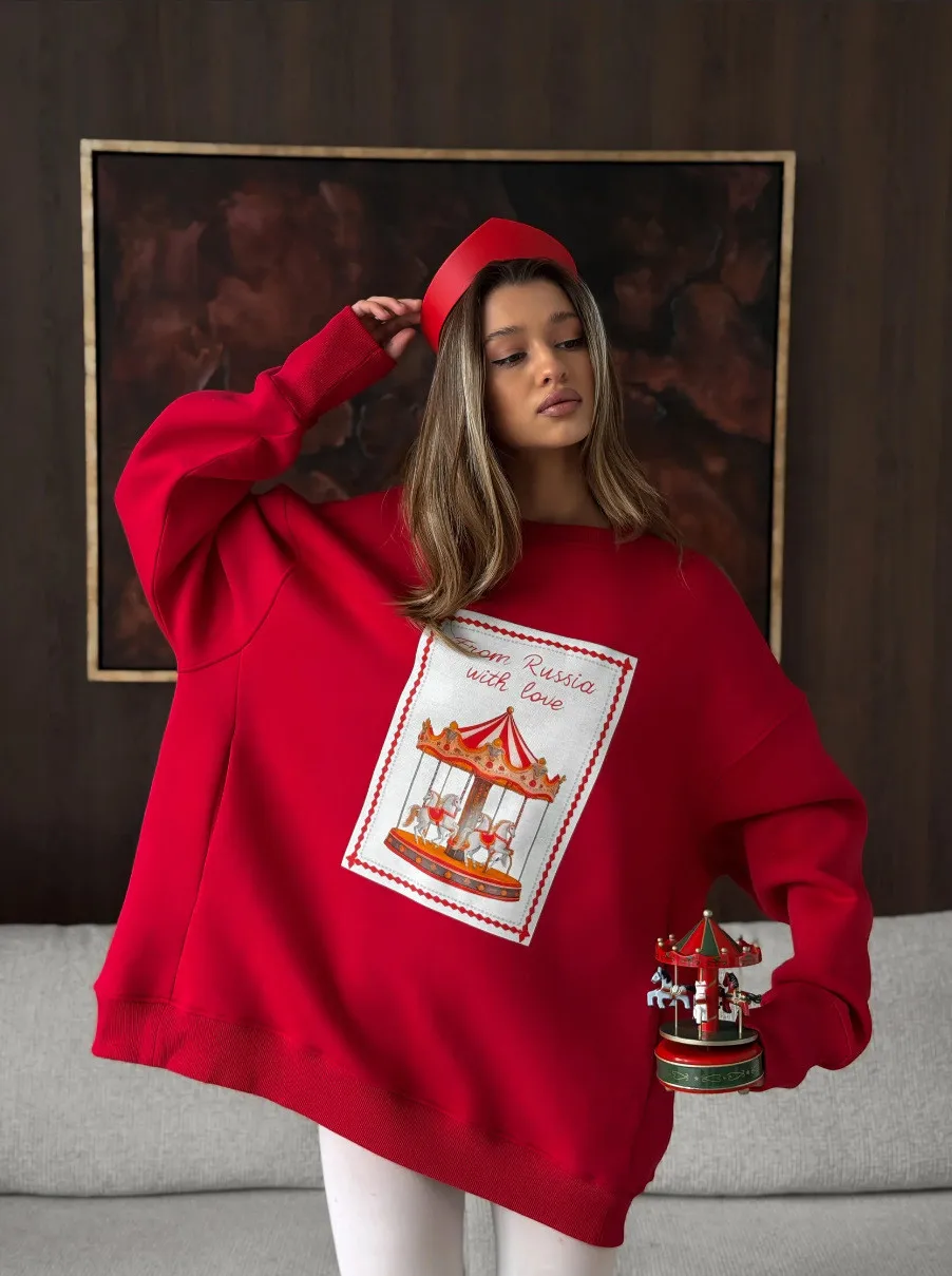 Christmas Sweet Women Oversized Red Crewneck Sweatshirt "From Russia with Love" Carousel Print Retro Festive Holiday Pullover