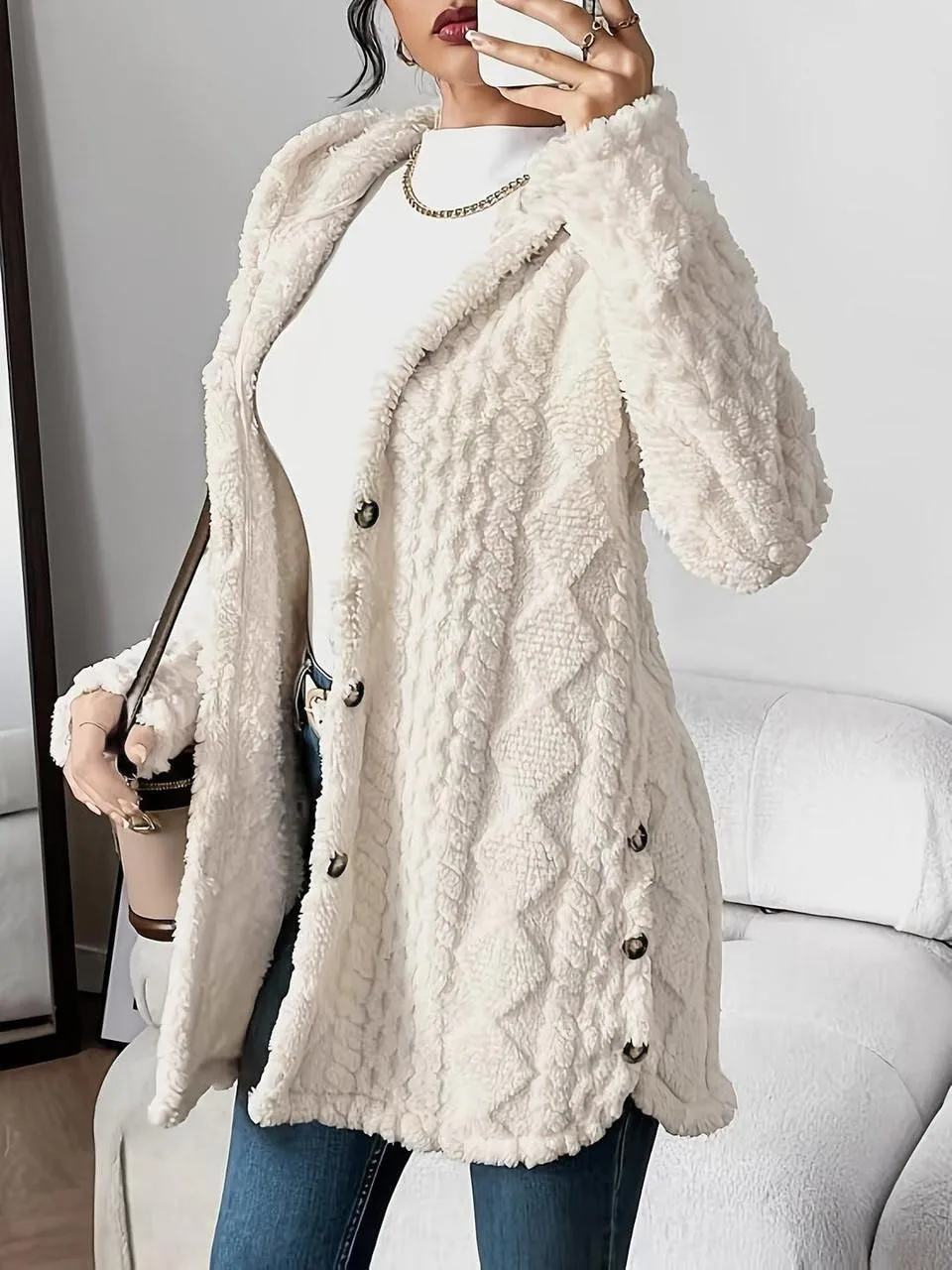 Women's Cardigan Jacket Autumn Winter Hooded Irregular Hem Buttons Fleece Oversized Outerwear Coat Hoodies Sweatshirts