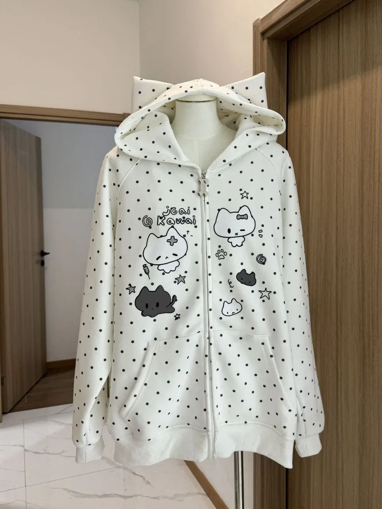Japanese Y2k Hoodies Jackets Women Clothes Polka Dot Cat Print Sweatshirts 2025 Ropa Mujer Casual Chic Hooded Cute Hoodie Tops