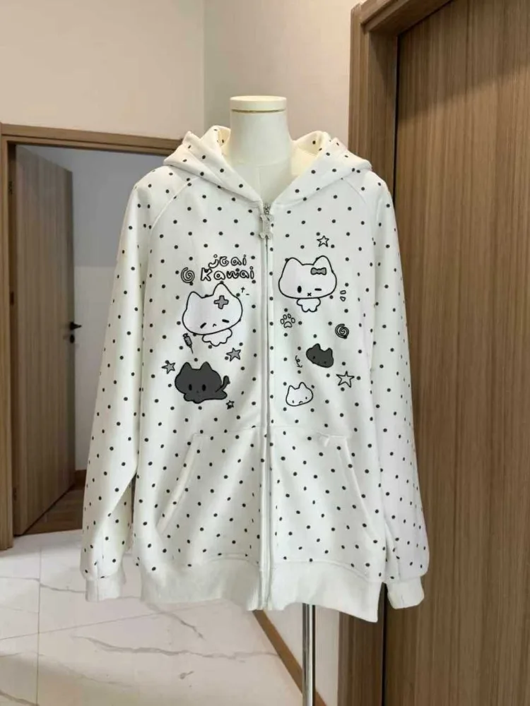 Japanese Y2k Hoodies Jackets Women Clothes Polka Dot Cat Print Sweatshirts 2025 Ropa Mujer Casual Chic Hooded Cute Hoodie Tops