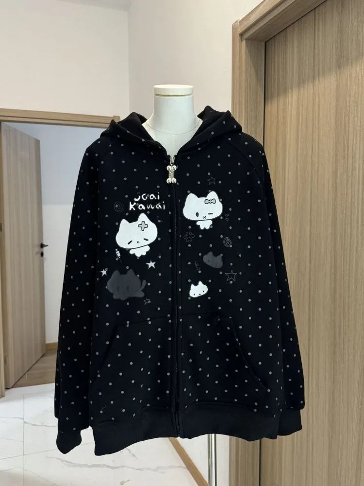 Japanese Y2k Hoodies Jackets Women Clothes Polka Dot Cat Print Sweatshirts 2025 Ropa Mujer Casual Chic Hooded Cute Hoodie Tops