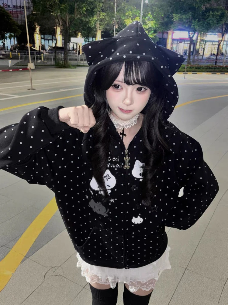 Japanese Y2k Hoodies Jackets Women Clothes Polka Dot Cat Print Sweatshirts 2025 Ropa Mujer Casual Chic Hooded Cute Hoodie Tops
