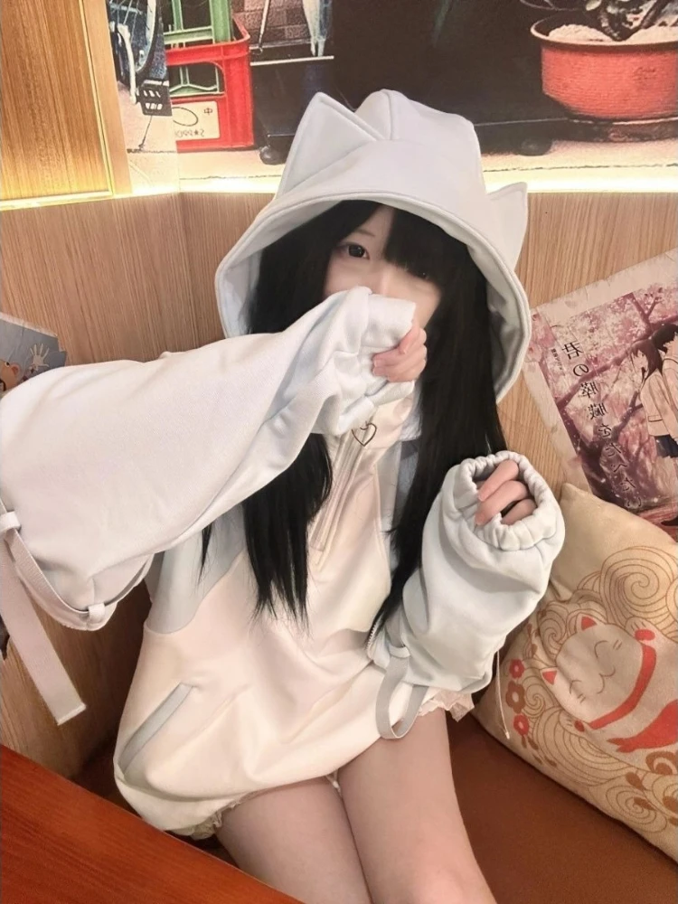 Japanese Kawaii Cat's Ears Hoodies Women Y2k Aesthetic Casual Oversized Women Hoody Tops Harajuku Autumn Zipper Cute Sweatshirt
