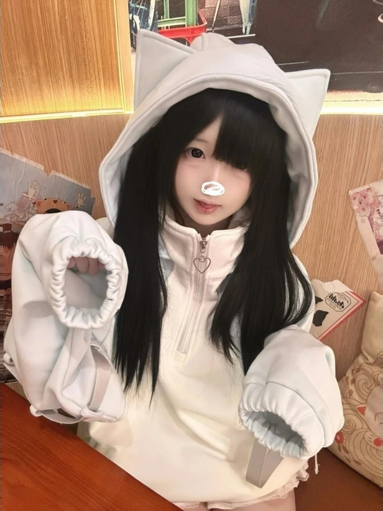 Japanese Kawaii Cat's Ears Hoodies Women Y2k Aesthetic Casual Oversized Women Hoody Tops Harajuku Autumn Zipper Cute Sweatshirt