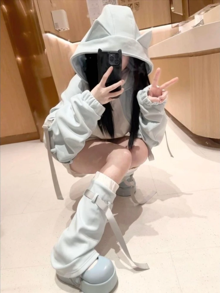 Japanese Kawaii Cat's Ears Hoodies Women Y2k Aesthetic Casual Oversized Women Hoody Tops Harajuku Autumn Zipper Cute Sweatshirt