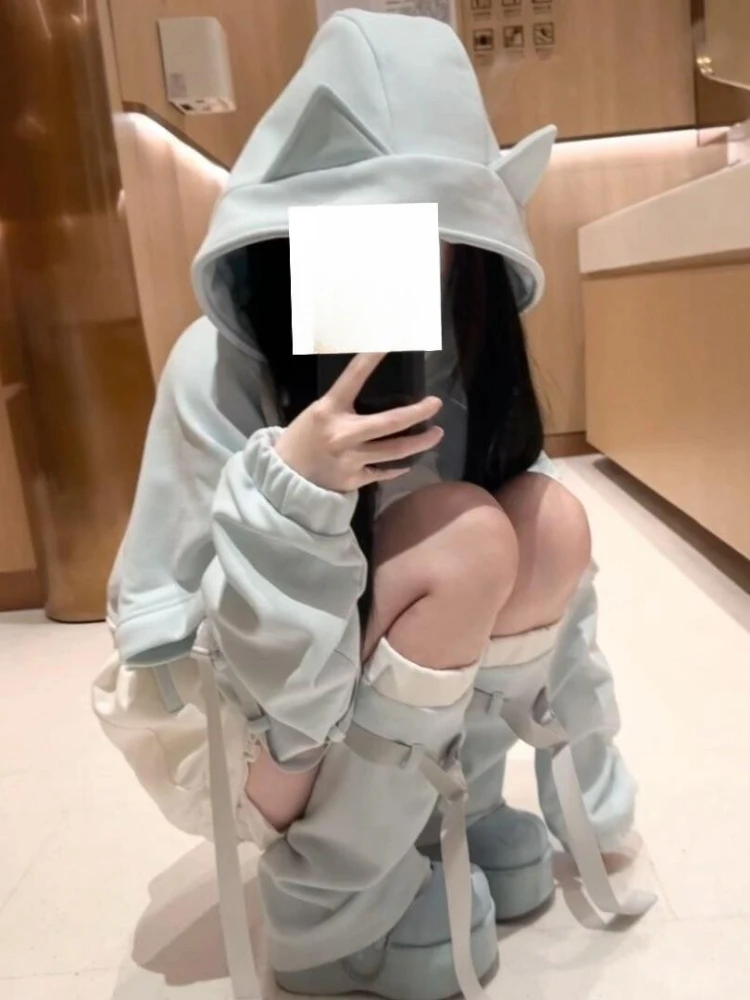 Japanese Kawaii Cat's Ears Hoodies Women Y2k Aesthetic Casual Oversized Women Hoody Tops Harajuku Autumn Zipper Cute Sweatshirt