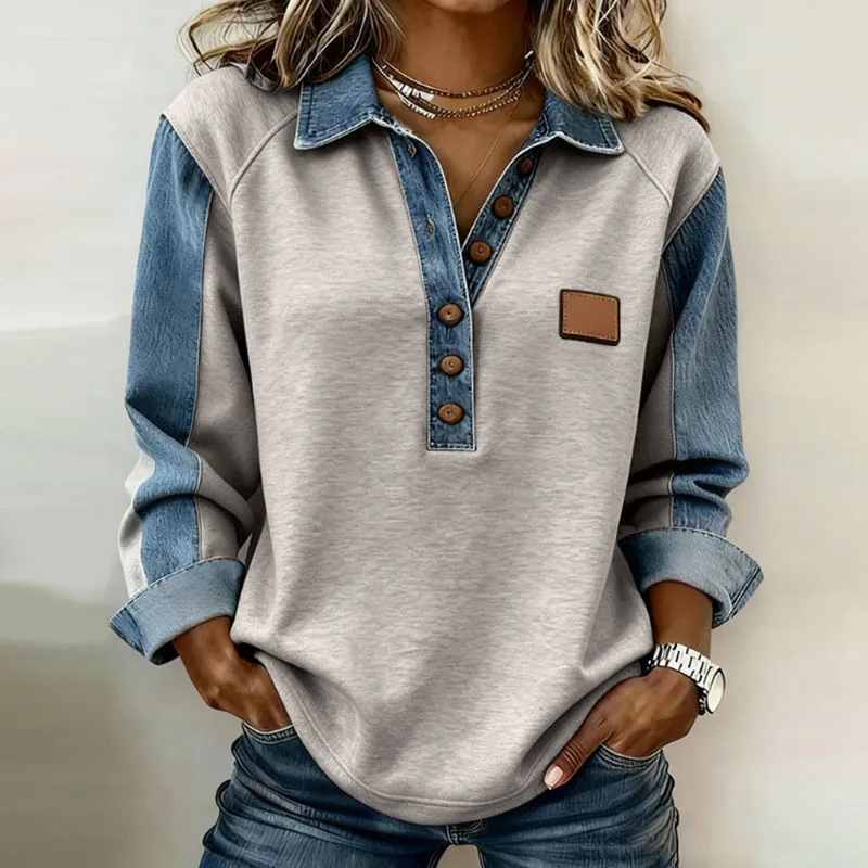 Spring Retro Contrast Color Woman Sweatshirt Elegant Turn-down Collar Button Tops Pullover Autumn Long Sleeve Loose Hoodie Mujer