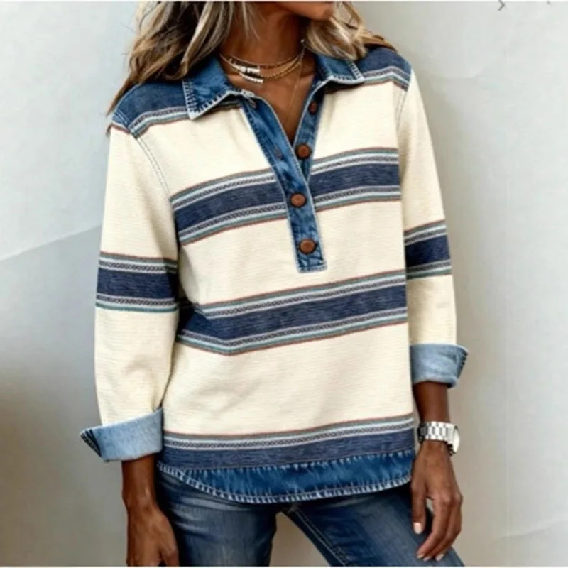 Spring Retro Contrast Color Woman Sweatshirt Elegant Turn-down Collar Button Tops Pullover Autumn Long Sleeve Loose Hoodie Mujer