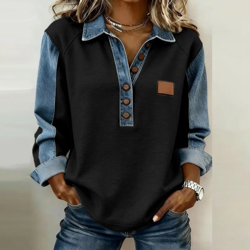 Spring Retro Contrast Color Woman Sweatshirt Elegant Turn-down Collar Button Tops Pullover Autumn Long Sleeve Loose Hoodie Mujer