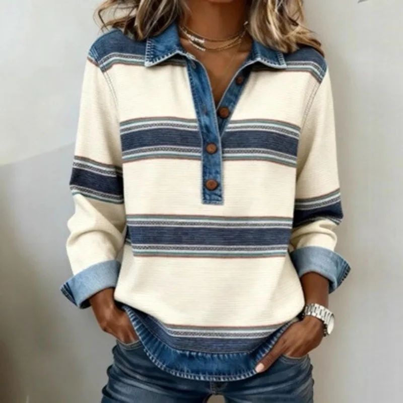 Spring Retro Contrast Color Woman Sweatshirt Elegant Turn-down Collar Button Tops Pullover Autumn Long Sleeve Loose Hoodie Mujer