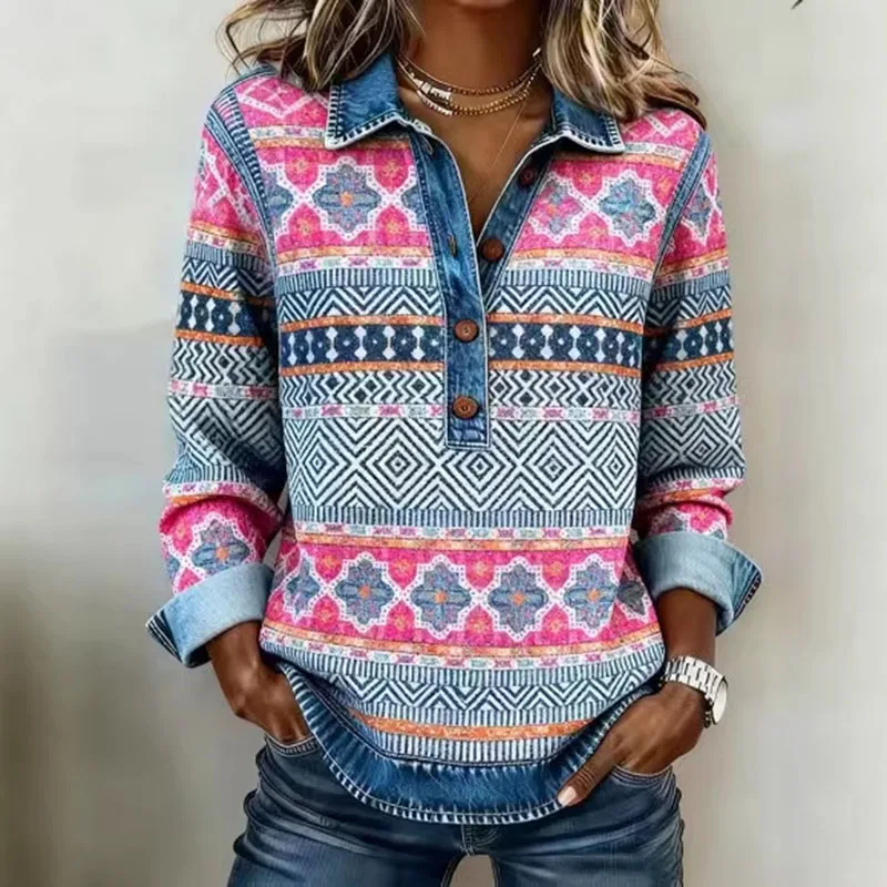 Spring Retro Contrast Color Woman Sweatshirt Elegant Turn-down Collar Button Tops Pullover Autumn Long Sleeve Loose Hoodie Mujer