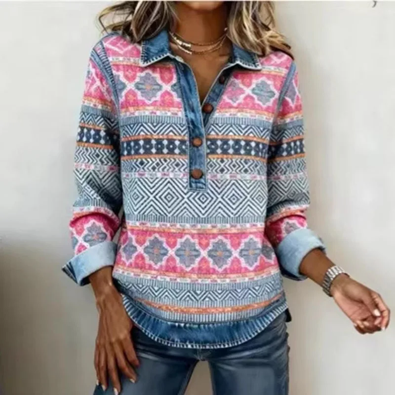 Spring Retro Contrast Color Woman Sweatshirt Elegant Turn-down Collar Button Tops Pullover Autumn Long Sleeve Loose Hoodie Mujer