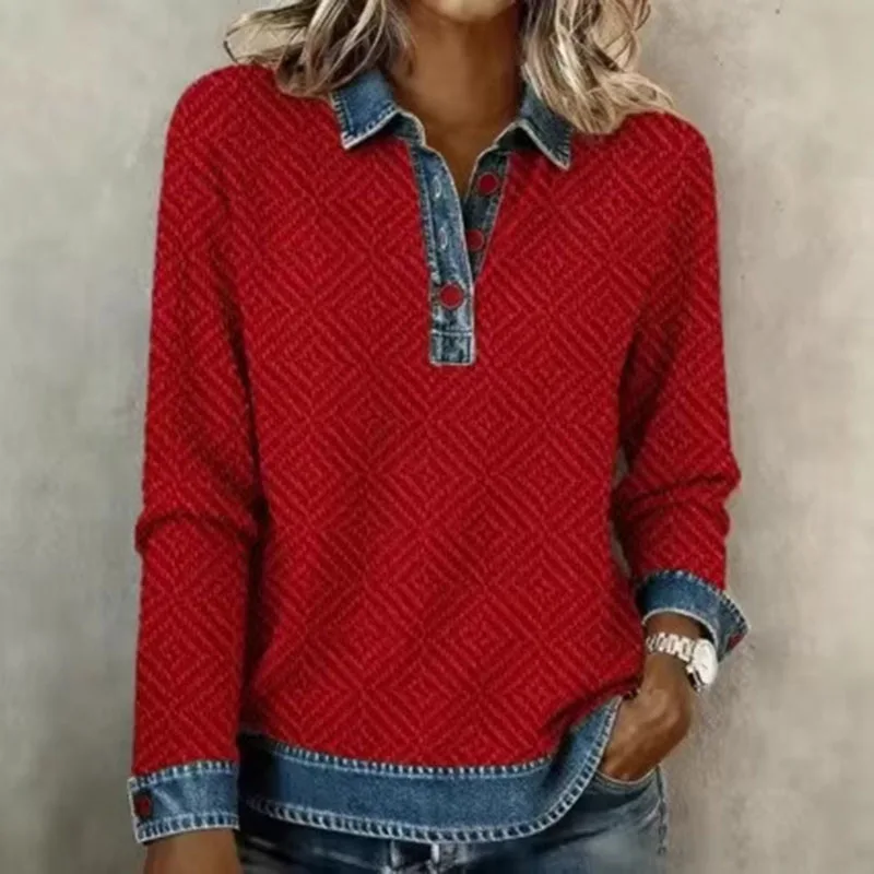 Spring Retro Contrast Color Woman Sweatshirt Elegant Turn-down Collar Button Tops Pullover Autumn Long Sleeve Loose Hoodie Mujer