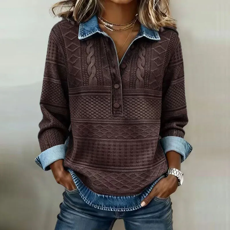 Spring Retro Contrast Color Woman Sweatshirt Elegant Turn-down Collar Button Tops Pullover Autumn Long Sleeve Loose Hoodie Mujer