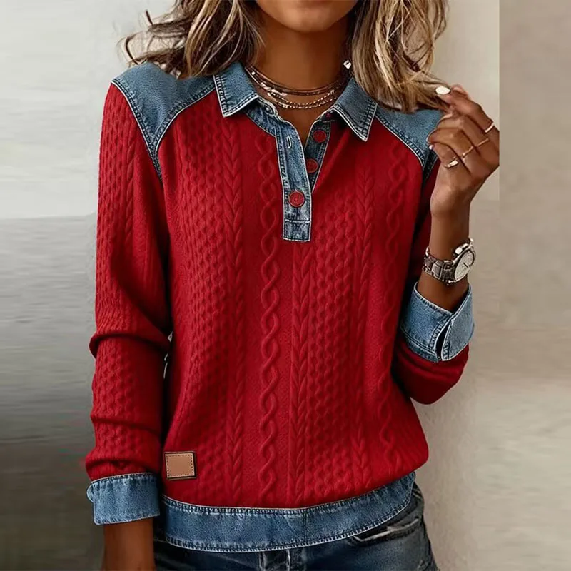 Spring Retro Contrast Color Woman Sweatshirt Elegant Turn-down Collar Button Tops Pullover Autumn Long Sleeve Loose Hoodie Mujer