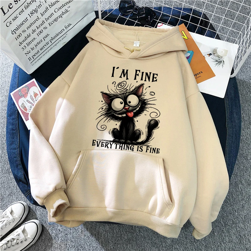 Women's Vintage Y2k Sweatshirts Casual Hooded Clothes Kawaii Pullovers I'm Fine Everything Is Fine Sarcastic Cat Printed Hoodies