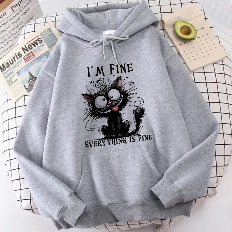 Women's Vintage Y2k Sweatshirts Casual Hooded Clothes Kawaii Pullovers I'm Fine Everything Is Fine Sarcastic Cat Printed Hoodies