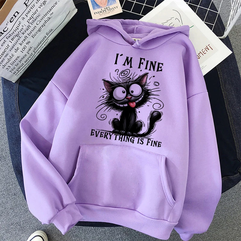 Women's Vintage Y2k Sweatshirts Casual Hooded Clothes Kawaii Pullovers I'm Fine Everything Is Fine Sarcastic Cat Printed Hoodies