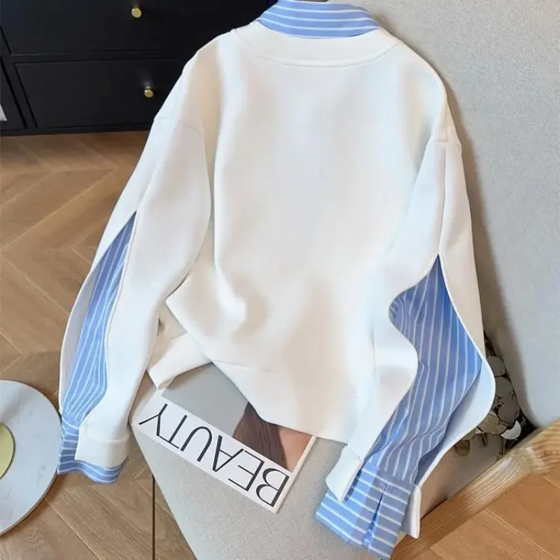 2026 Fake Two-piece Striped New Hoodie Long Sleeved Top Y2k Clothes Sweatshirts Casual Hoodies Women