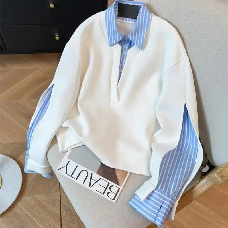 2026 Fake Two-piece Striped New Hoodie Long Sleeved Top Y2k Clothes Sweatshirts Casual Hoodies Women