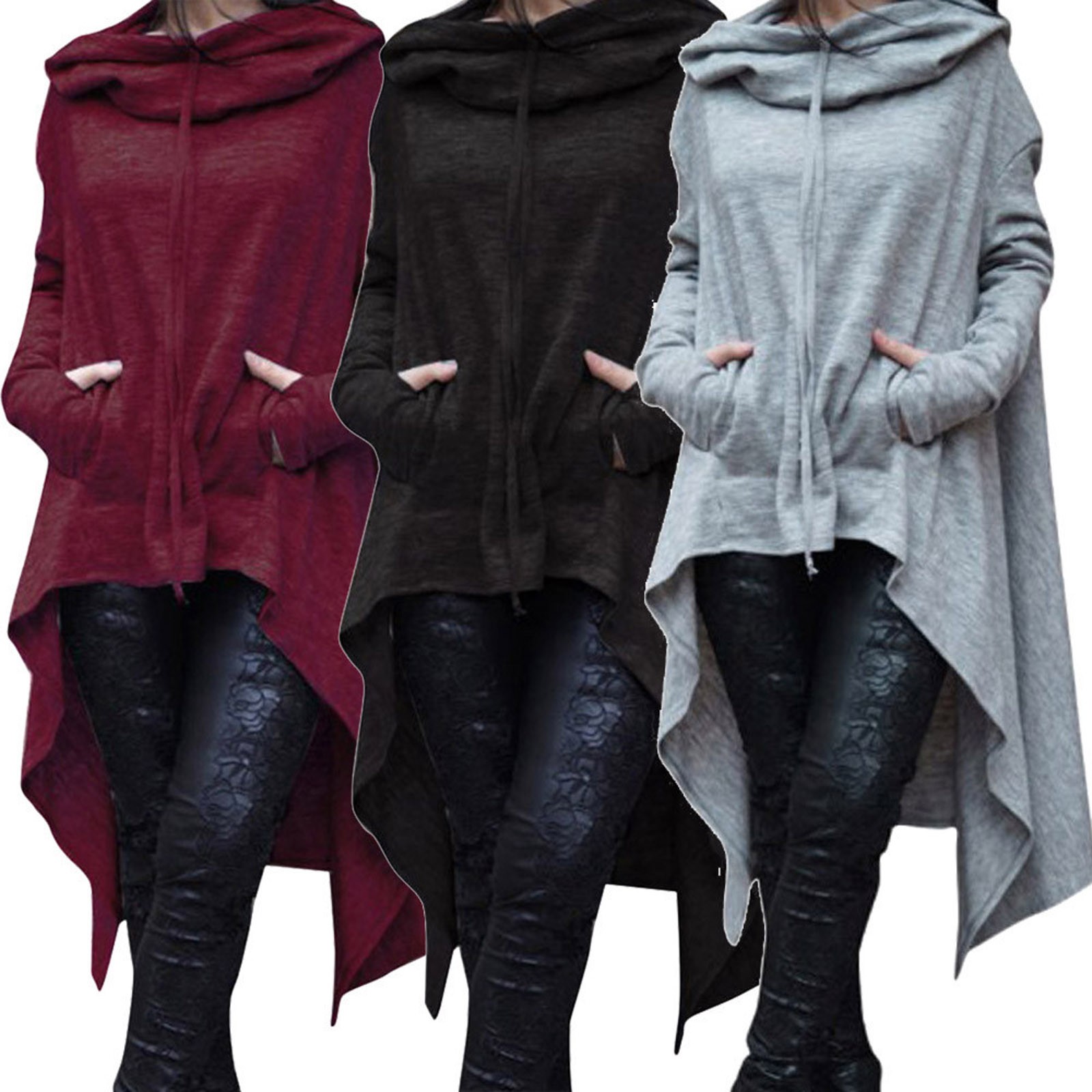 Plus Size 5XL Irregular Long Hoodies Women Sweatshirt Cloak Fashion Drawstring Pocket Oversize Hoodies Lady Hooded Pullover Coat