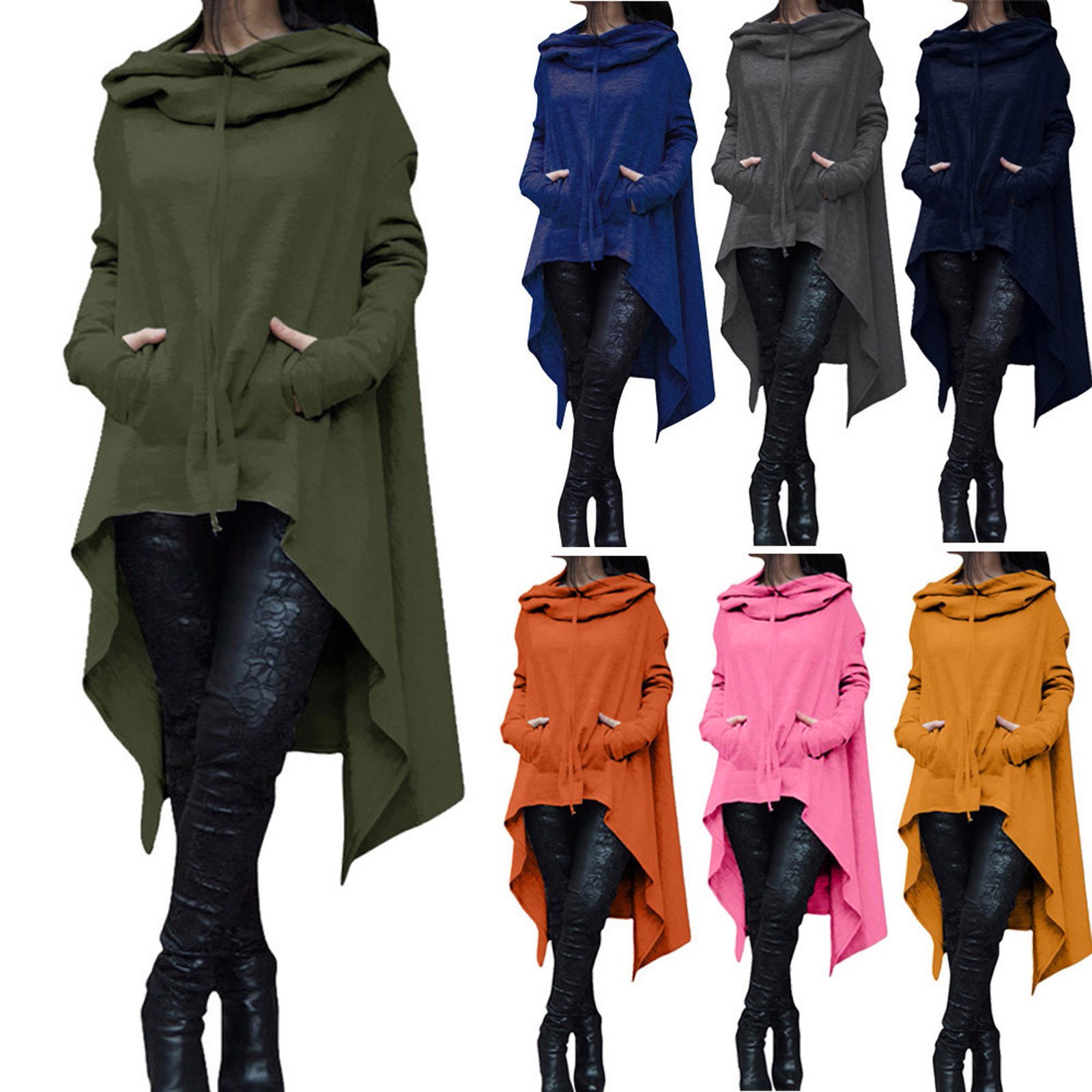 Plus Size 5XL Irregular Long Hoodies Women Sweatshirt Cloak Fashion Drawstring Pocket Oversize Hoodies Lady Hooded Pullover Coat