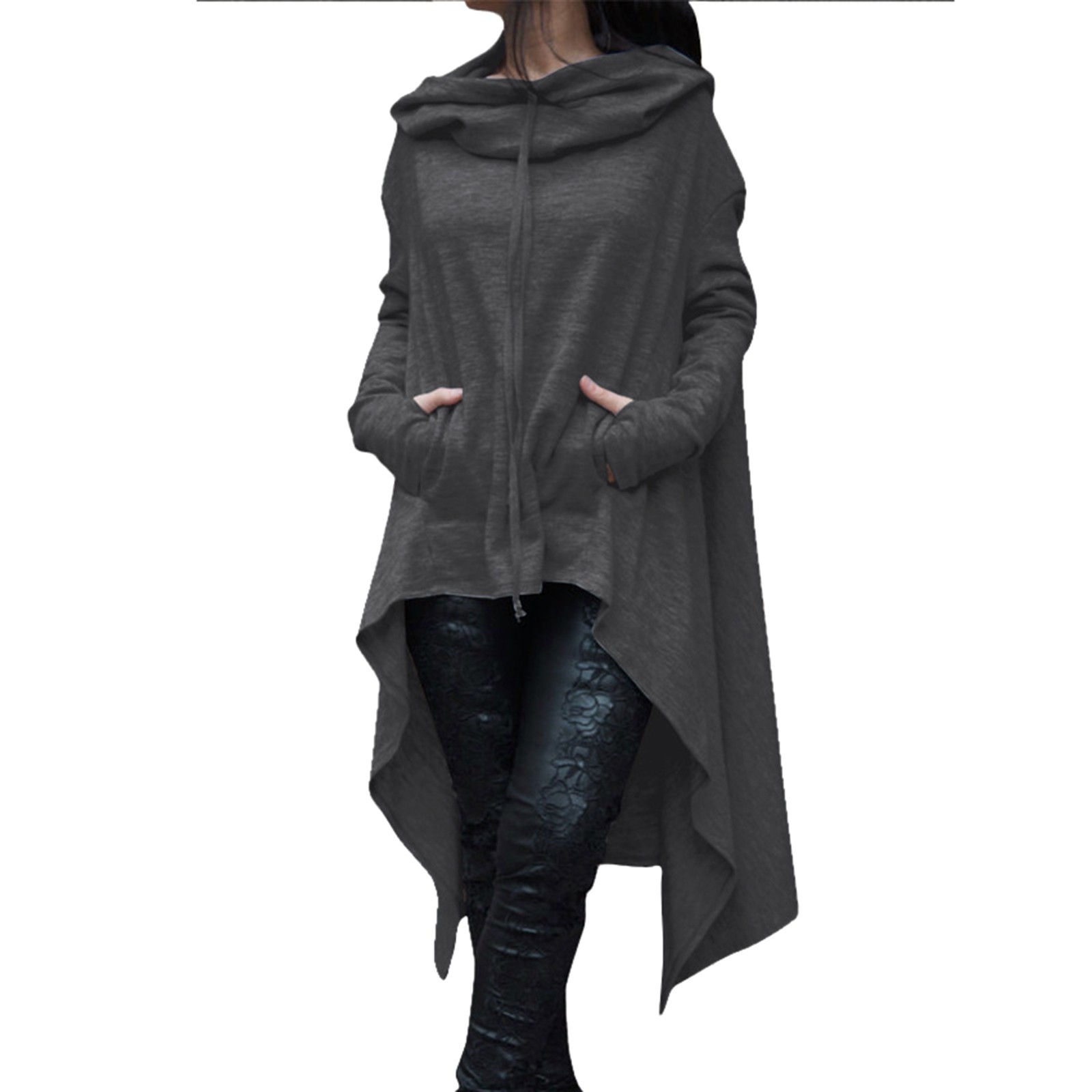 Plus Size 5XL Irregular Long Hoodies Women Sweatshirt Cloak Fashion Drawstring Pocket Oversize Hoodies Lady Hooded Pullover Coat