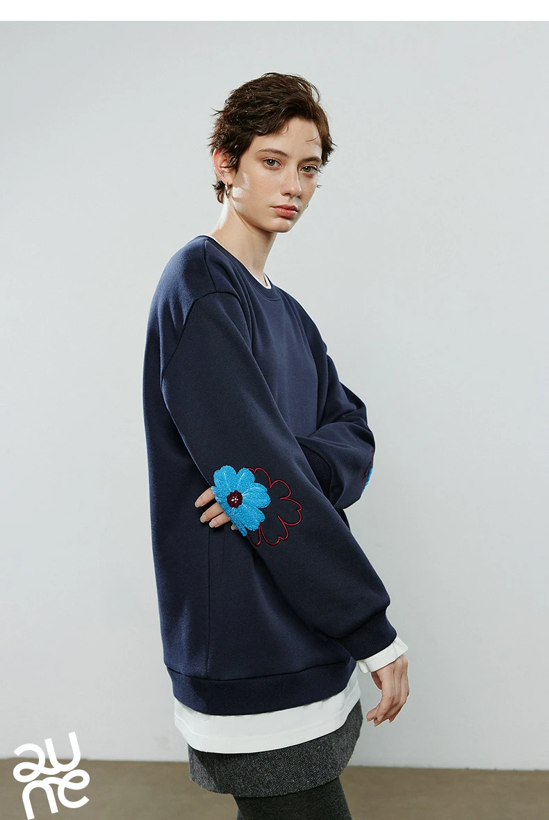 TOYOUTH Women Hoodies 2025 Winter NewAsymmetric Fleece-Lined Warm Contrast Color Spliced Fake Two-Piece Flower Niche Top