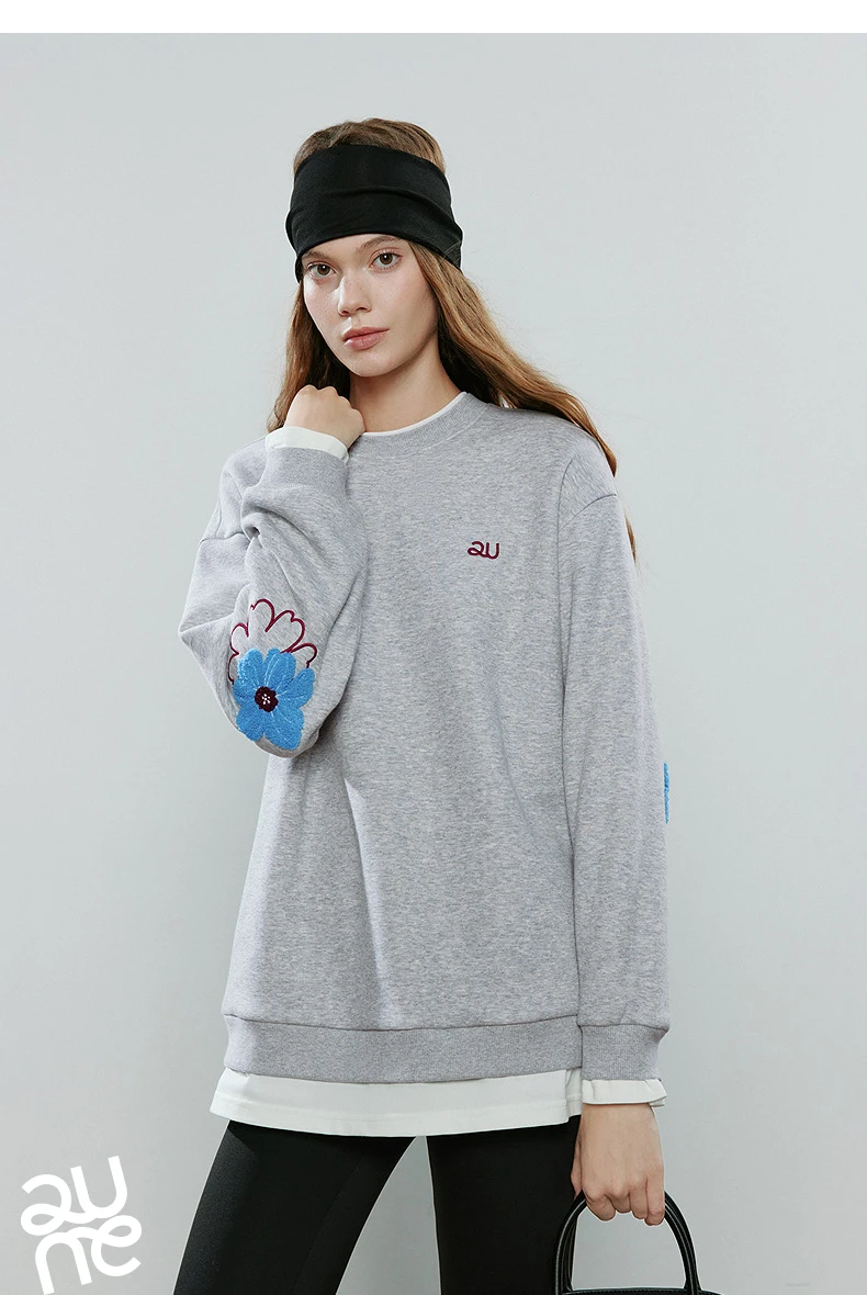TOYOUTH Women Hoodies 2025 Winter NewAsymmetric Fleece-Lined Warm Contrast Color Spliced Fake Two-Piece Flower Niche Top